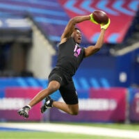 Feb 27, 2026; Indianapolis, IN, USA; Tennessee defensive back Colton Hood (DB14) during the NFL Scouting Combine at Lucas Oil Stadium.