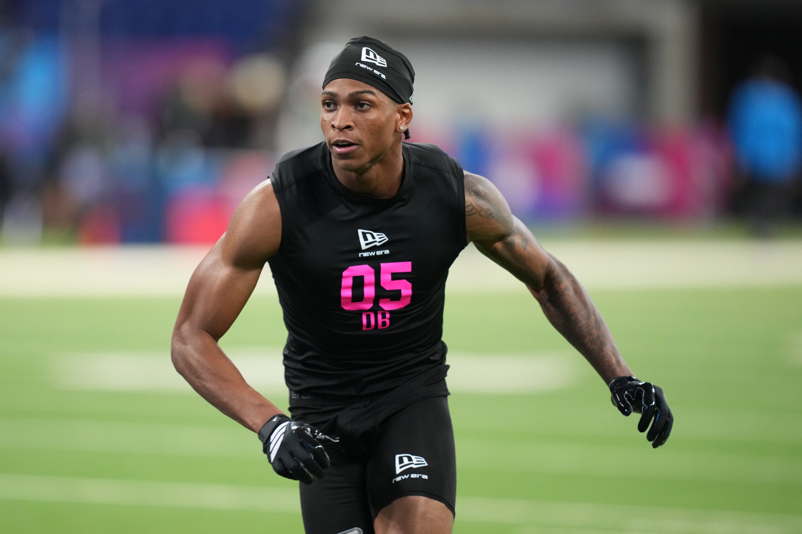 Feb 27, 2026; Indianapolis, IN, USA; Washington defensive back Tacario Davis (DB05) during the NFL Scouting Combine at Lucas Oil Stadium.