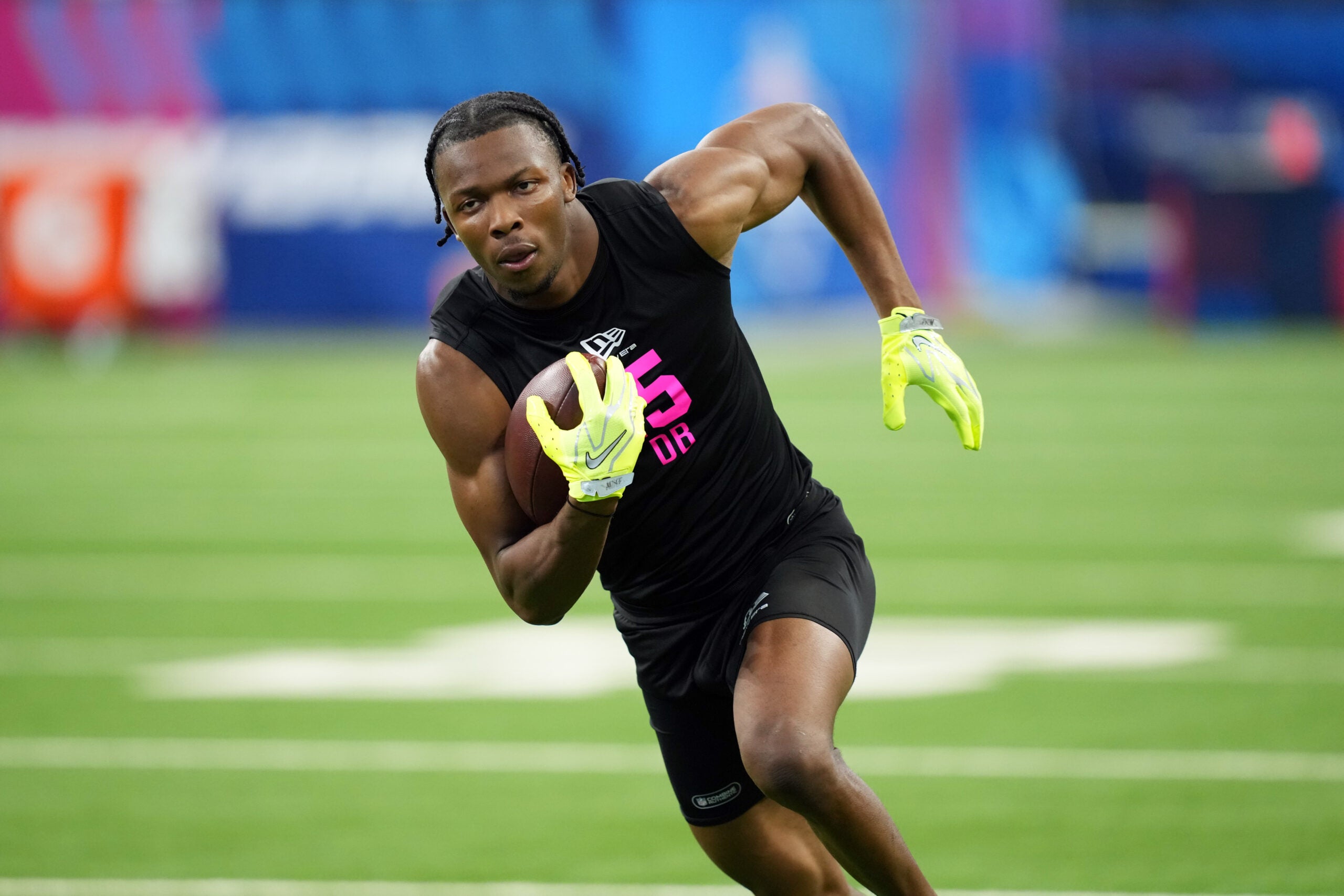 Feb 27, 2026; Indianapolis, IN, USA; Ohio State defensive back Davison Igbinosun (DB15) during the NFL Scouting Combine at Lucas Oil Stadium.