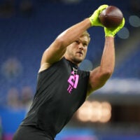 Feb 27, 2026; Indianapolis, IN, USA; Stanford tight end Sam Roush (TE21) during the NFL Scouting Combine at Lucas Oil Stadium.