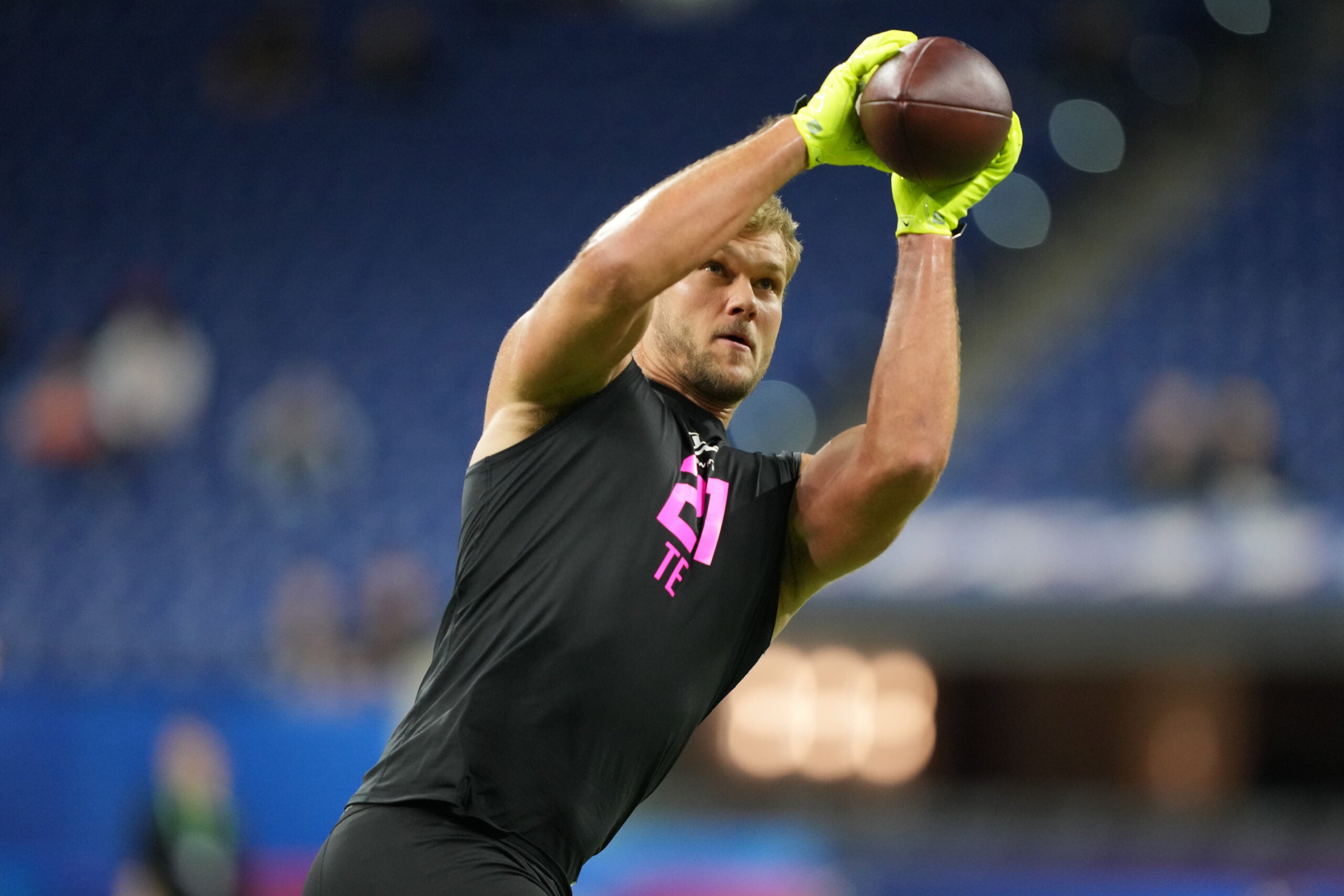 Feb 27, 2026; Indianapolis, IN, USA; Stanford tight end Sam Roush (TE21) during the NFL Scouting Combine at Lucas Oil Stadium.