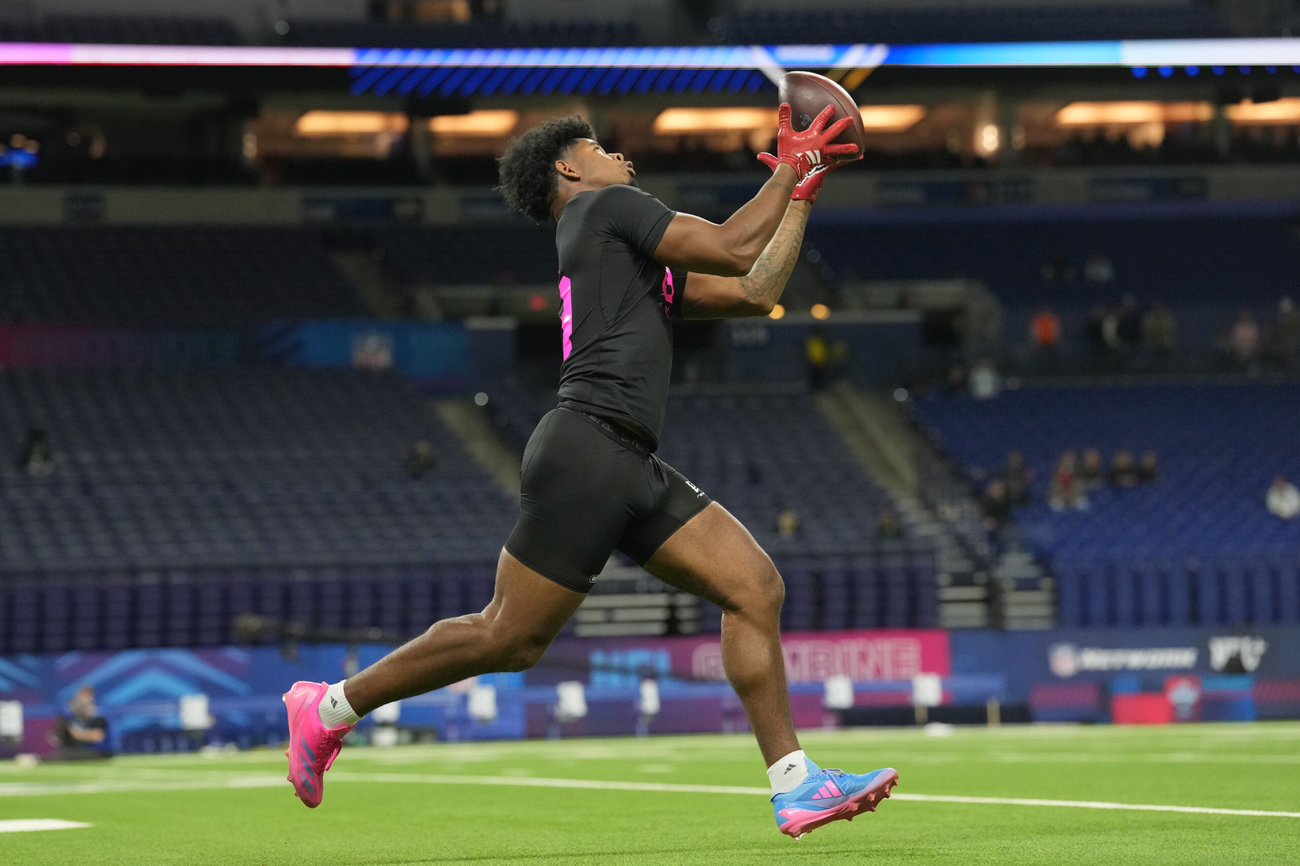 Feb 27, 2026; Indianapolis, IN, USA; NC State tight end Justin Joly (TE09) during the NFL Scouting Combine at Lucas Oil Stadium.