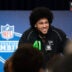 Feb 28, 2026; Indianapolis, IN, USA; Alabama offensive lineman Kadyn Proctor (OL41) speaks to members of the media during the NFL Combine at the Indiana Convention Center.