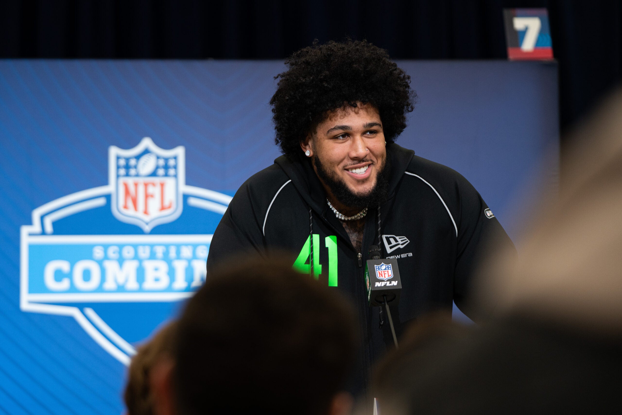 Feb 28, 2026; Indianapolis, IN, USA; Alabama offensive lineman Kadyn Proctor (OL41) speaks to members of the media during the NFL Combine at the Indiana Convention Center.