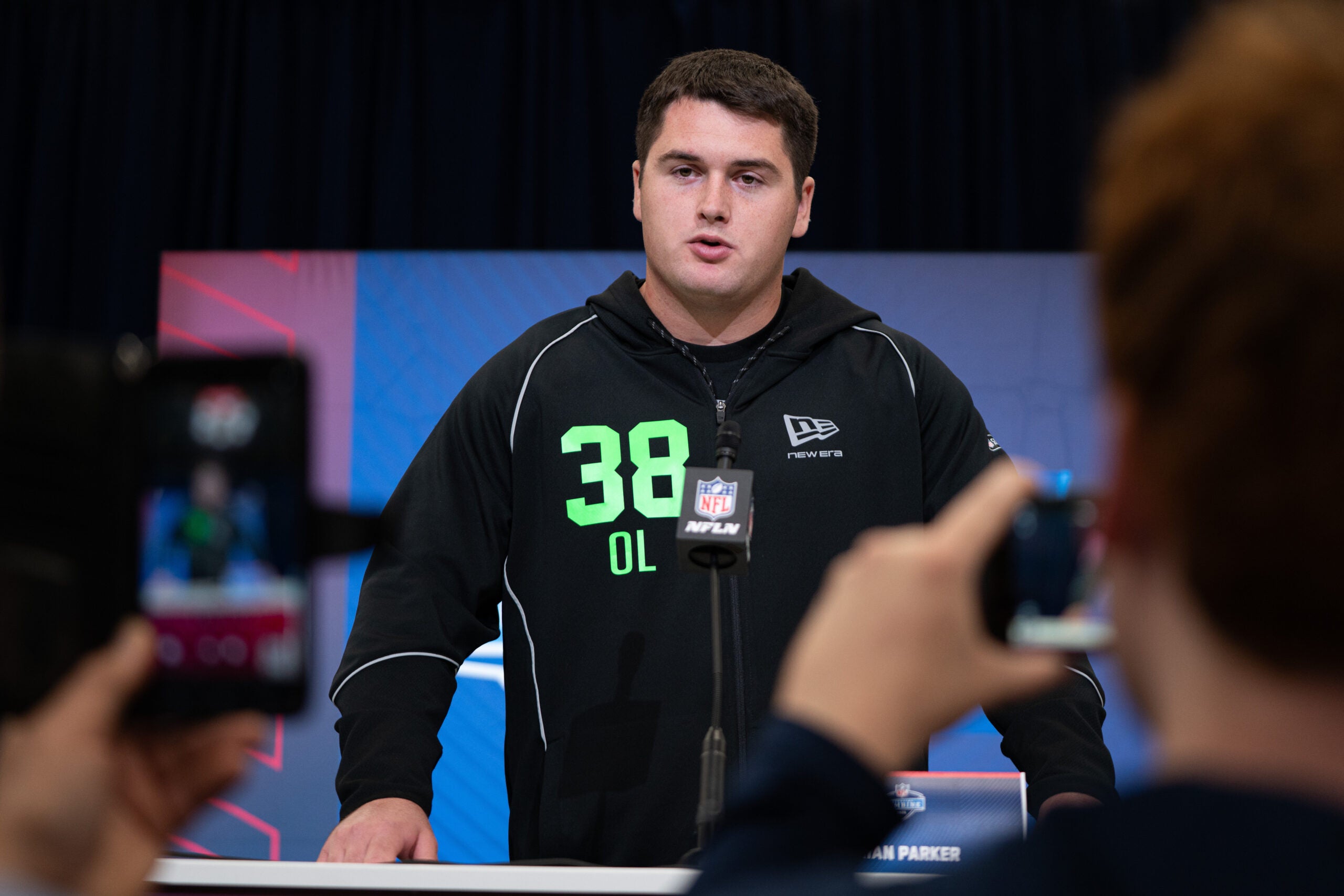 Feb 28, 2026; Indianapolis, IN, USA; Duke offensive lineman Brian Parker (OL38) speaks to members of the media during the NFL Combine at the Indiana Convention Center.
