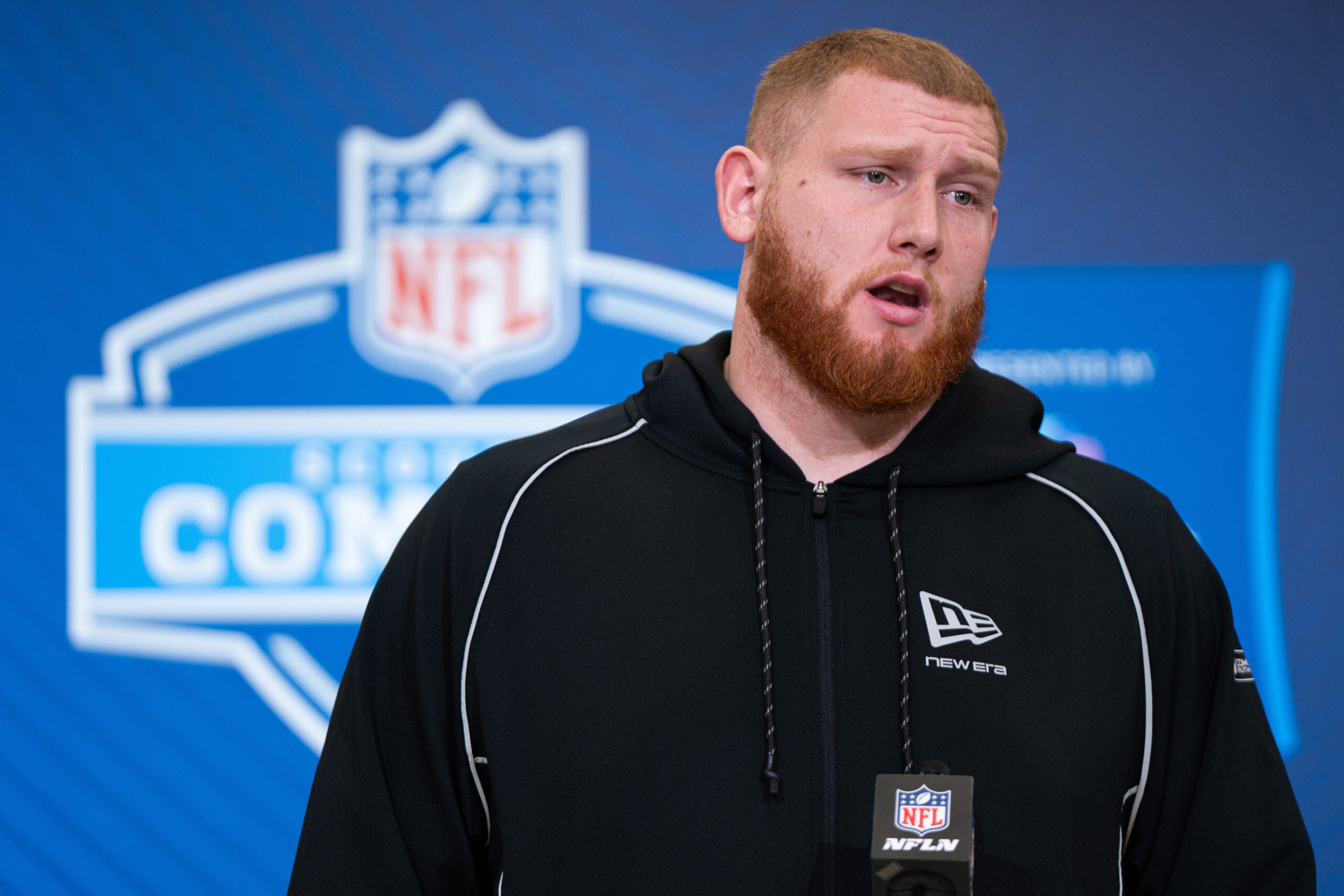 Feb 28, 2026; Indianapolis, IN, USA; Georgia Tech offensive lineman Keylan Rutledge (OL44) speaks to members of the media during the NFL Combine at the Indiana Convention Center.