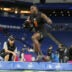 Feb 28, 2026; Indianapolis, IN, USA; Notre Dame running back Jeremiyah Love (RB11) during the NFL Scouting Combine at Lucas Oil Stadium.