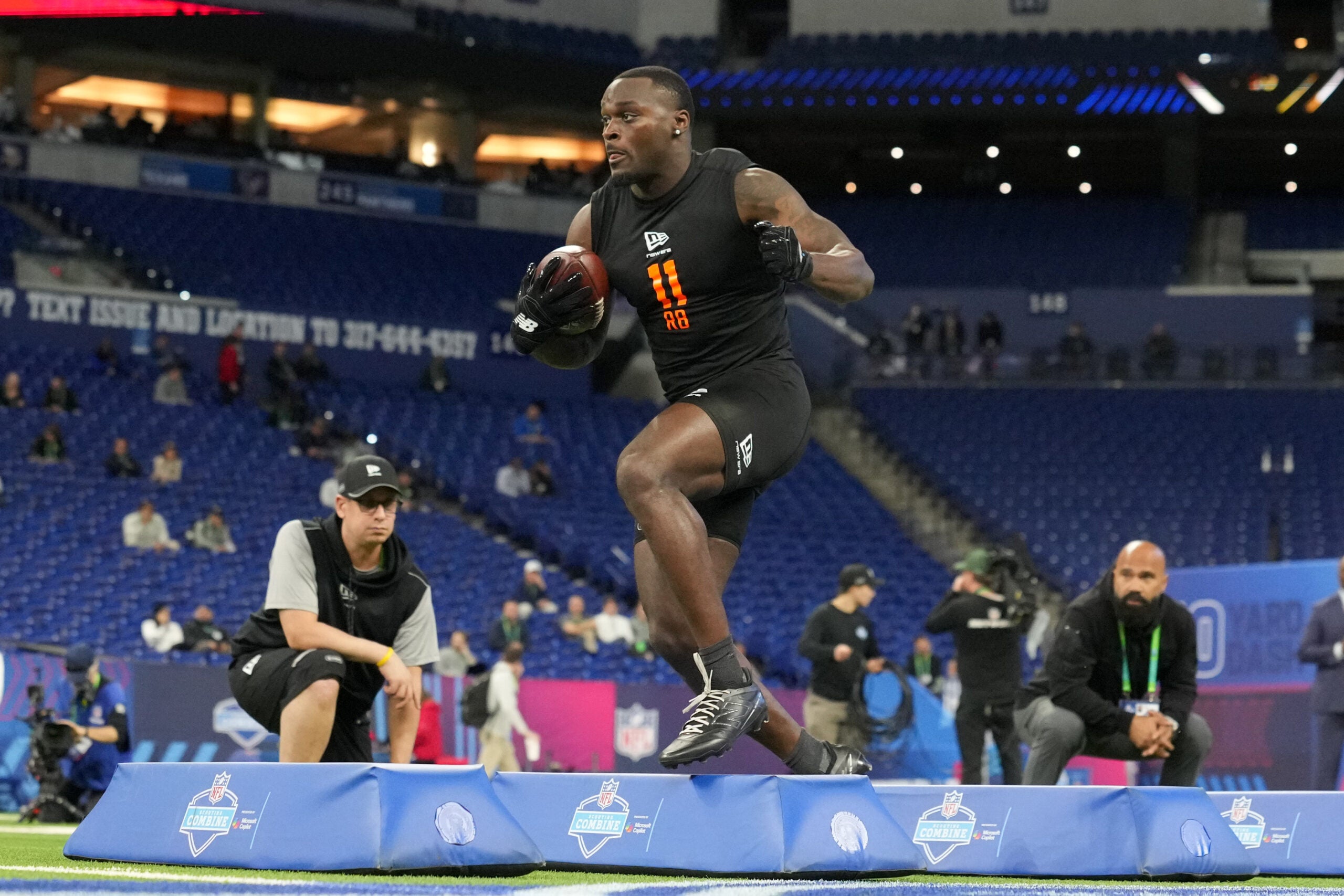 Feb 28, 2026; Indianapolis, IN, USA; Notre Dame running back Jeremiyah Love (RB11) during the NFL Scouting Combine at Lucas Oil Stadium.