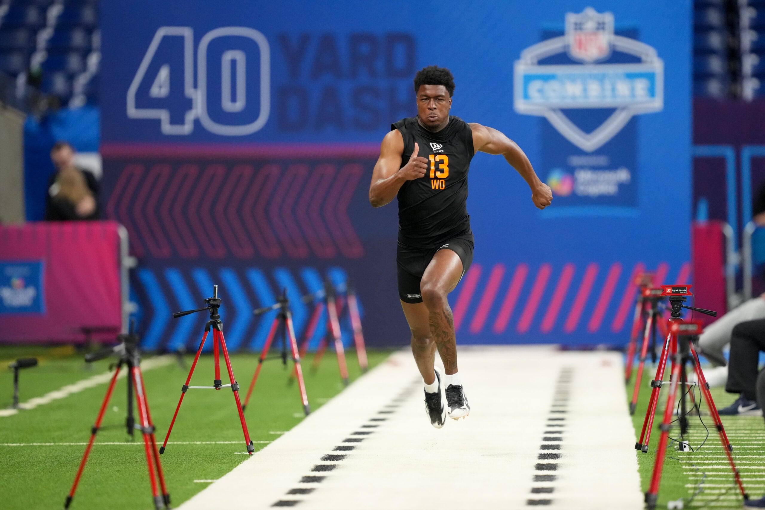 Feb 28, 2026; Indianapolis, IN, USA; Cincinnati wideout Jeff Caldwell (WO13) during the NFL Scouting Combine at Lucas Oil Stadium.
