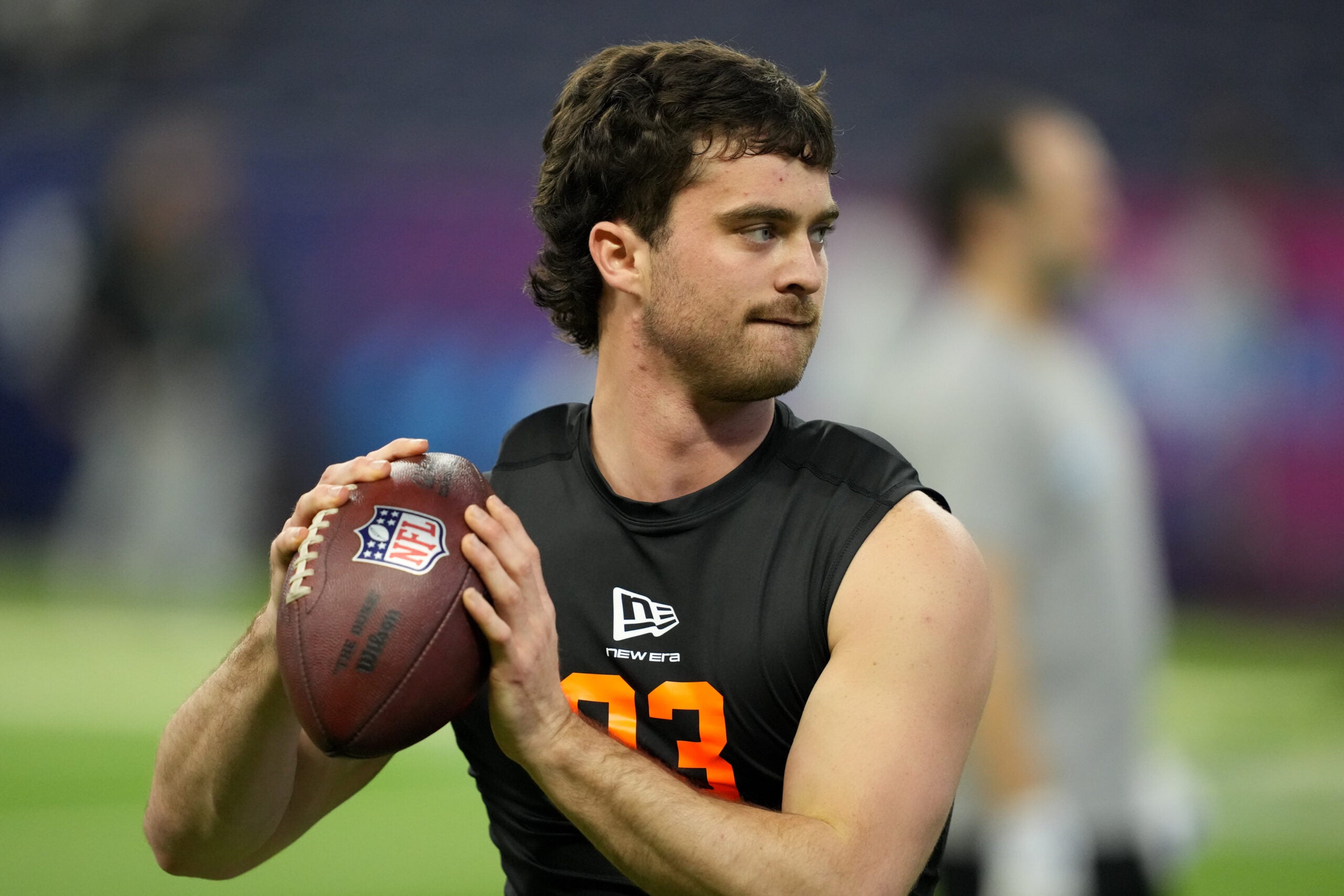 Feb 28, 2026; Indianapolis, IN, USA; Illinois quarterback Luke Altmyer (QB03) during the NFL Scouting Combine at Lucas Oil Stadium.