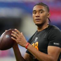 Feb 28, 2026; Indianapolis, IN, USA; Arkansas quarterback Taylen Green (QB08) during the NFL Scouting Combine at Lucas Oil Stadium.