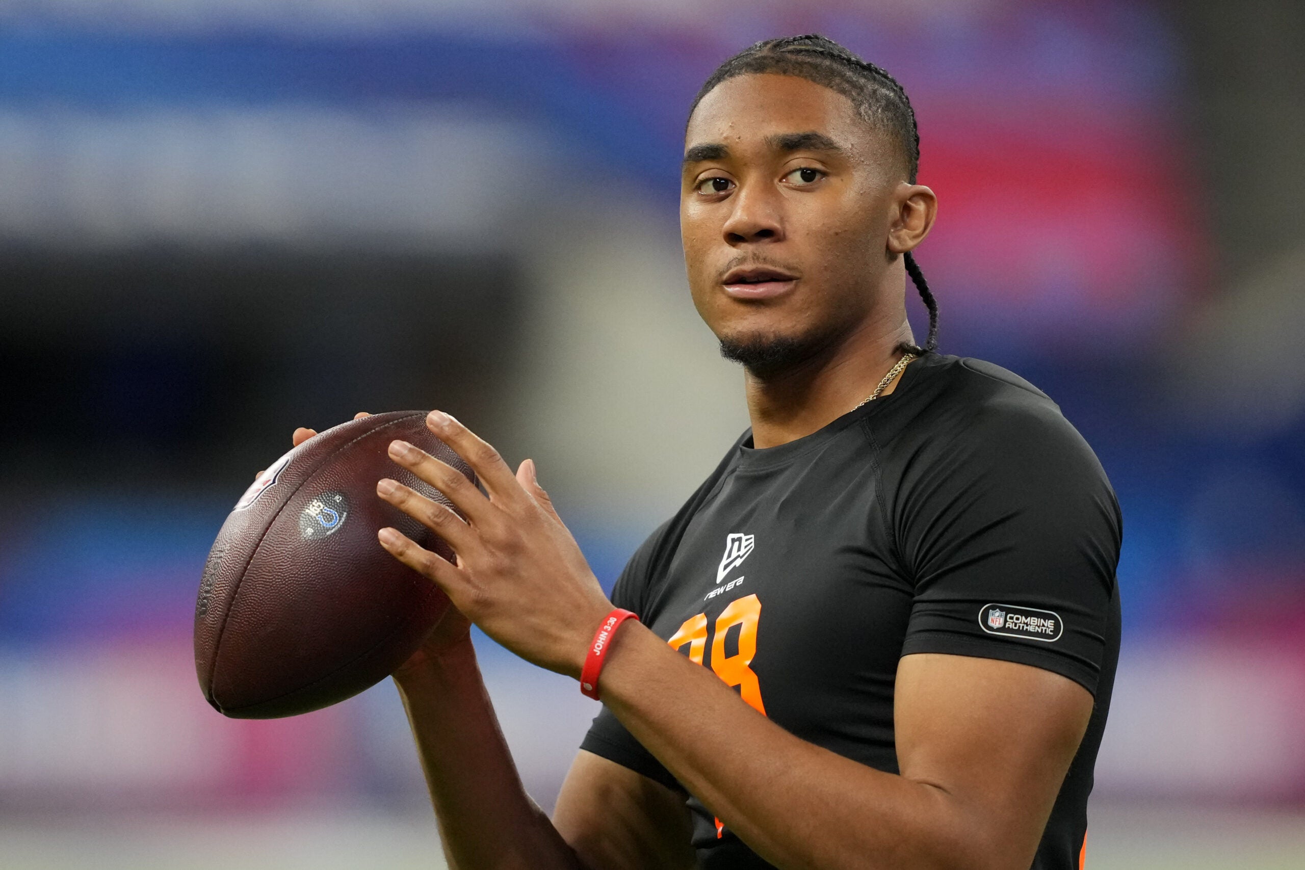 Feb 28, 2026; Indianapolis, IN, USA; Arkansas quarterback Taylen Green (QB08) during the NFL Scouting Combine at Lucas Oil Stadium.