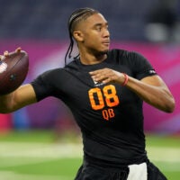 Feb 28, 2026; Indianapolis, IN, USA; Arkansas quarterback Taylen Green (QB08) during the NFL Scouting Combine at Lucas Oil Stadium.