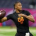 Feb 28, 2026; Indianapolis, IN, USA; Arkansas quarterback Taylen Green (QB08) during the NFL Scouting Combine at Lucas Oil Stadium.