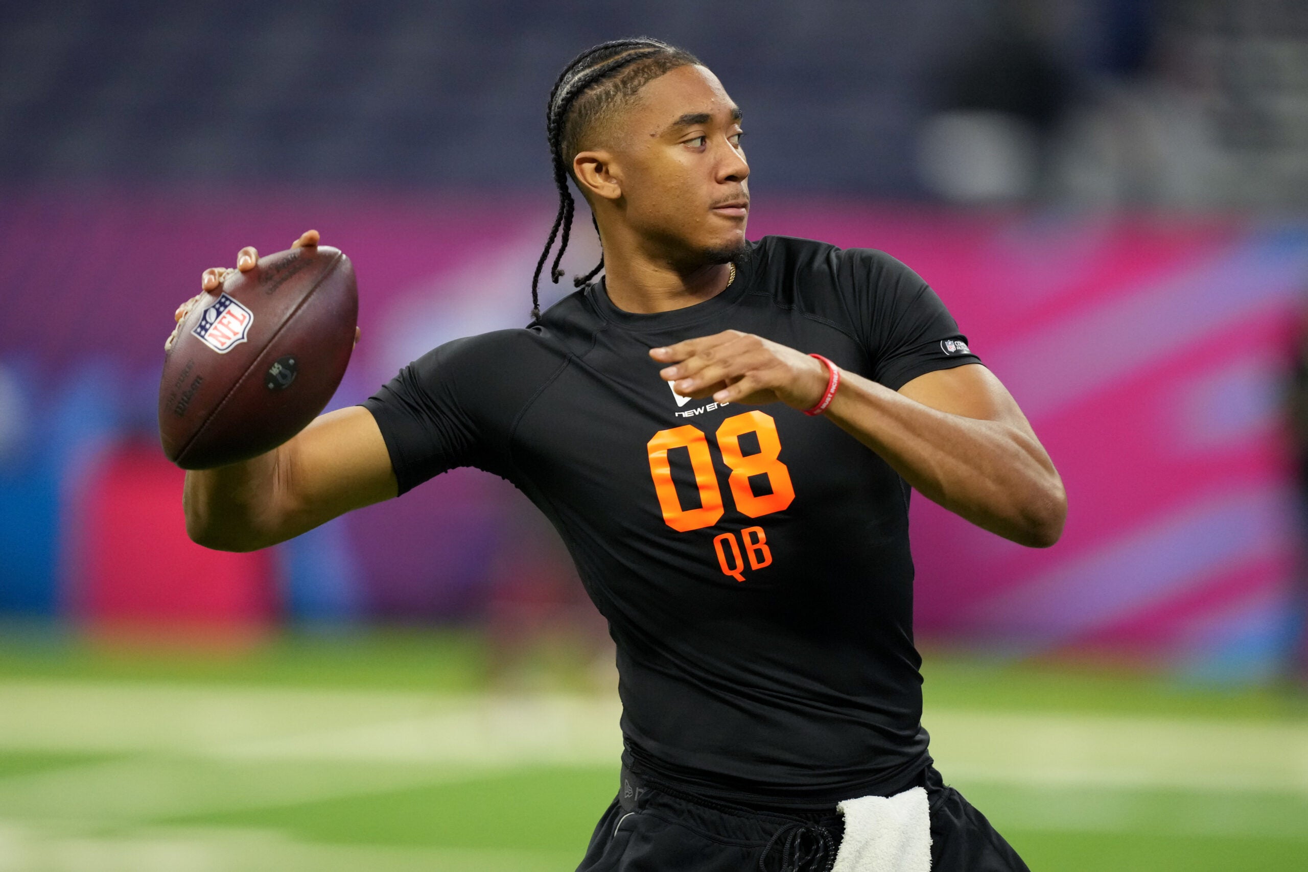 Feb 28, 2026; Indianapolis, IN, USA; Arkansas quarterback Taylen Green (QB08) during the NFL Scouting Combine at Lucas Oil Stadium.
