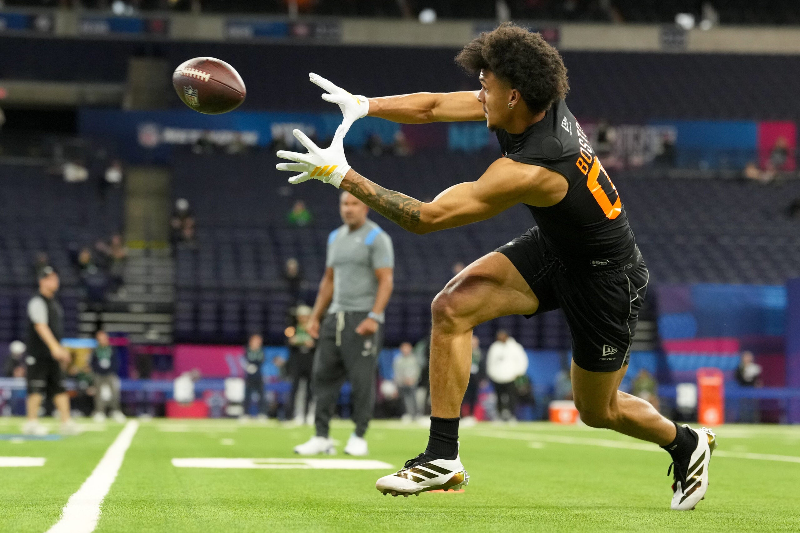 Feb 28, 2026; Indianapolis, IN, USA; Washington wideout Denzel Boston (WO08) during the NFL Scouting Combine at Lucas Oil Stadium.