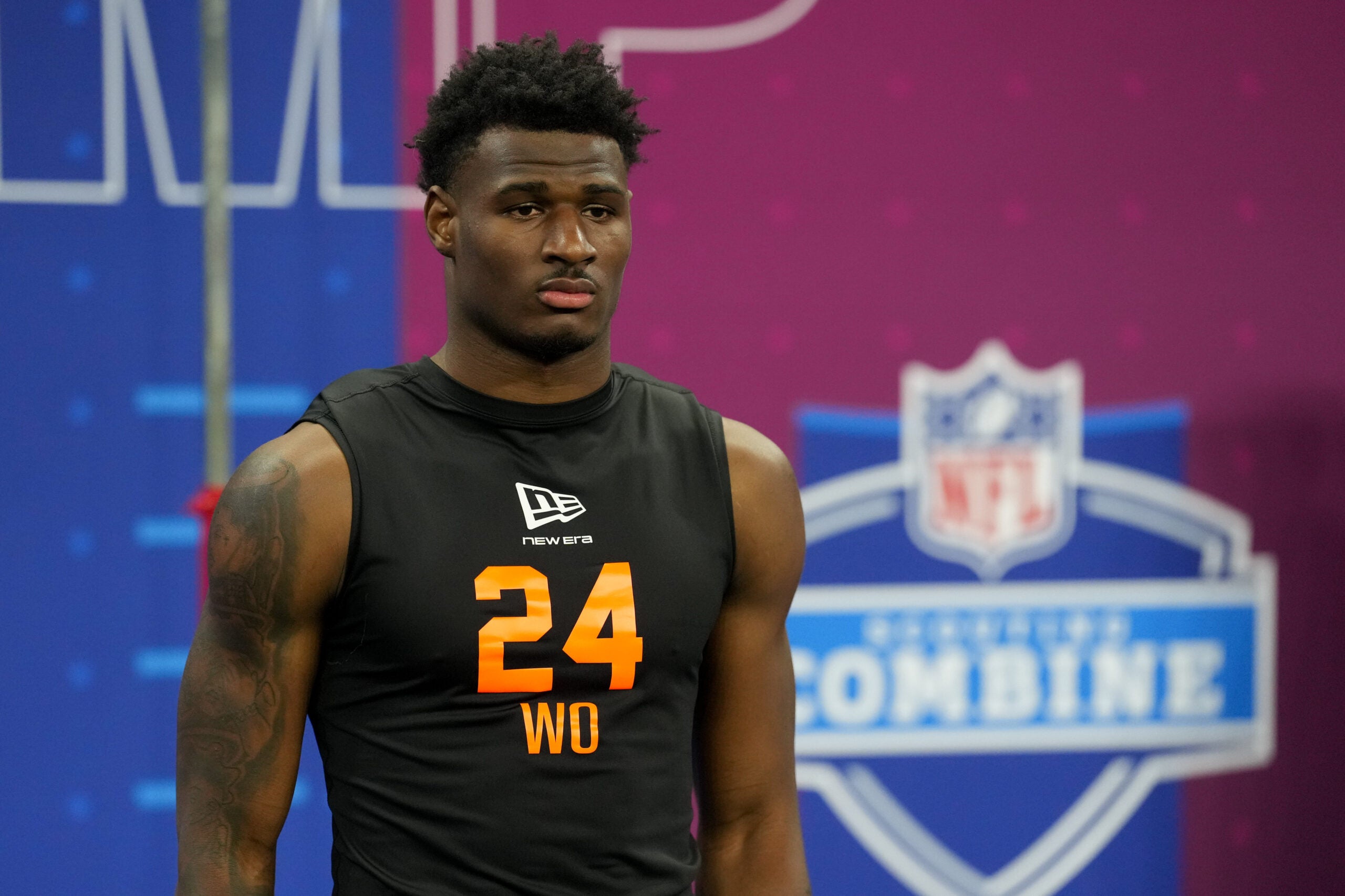Feb 28, 2026; Indianapolis, IN, USA; Georgia State wideout Ted Hurst (WO24) during the NFL Scouting Combine at Lucas Oil Stadium.