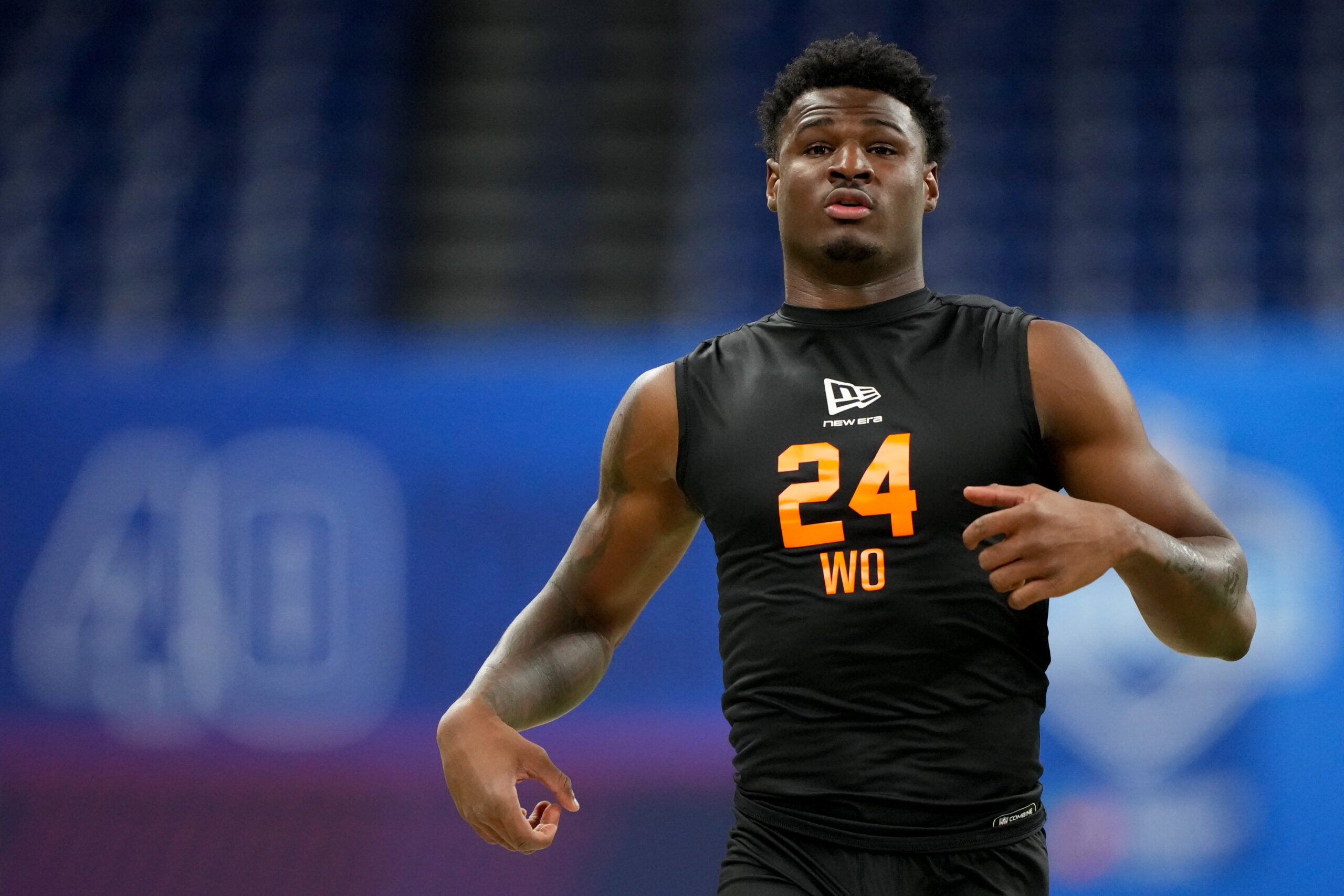 Feb 28, 2026; Indianapolis, IN, USA; Georgia State wideout Ted Hurst (WO24) during the NFL Scouting Combine at Lucas Oil Stadium.