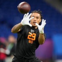 Feb 28, 2026; Indianapolis, IN, USA; Southern California wideout Makai Lemon (WO29) during the NFL Scouting Combine at Lucas Oil Stadium.