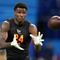Feb 28, 2026; Indianapolis, IN, USA; Georgia State wideout Ted Hurst (WO24) during the NFL Scouting Combine at Lucas Oil Stadium.