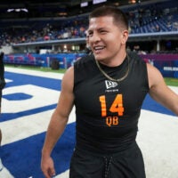 Feb 28, 2026; Indianapolis, IN, USA; Vanderbilt quarterback Diego Pavia (QB14) during the NFL Scouting Combine at Lucas Oil Stadium.