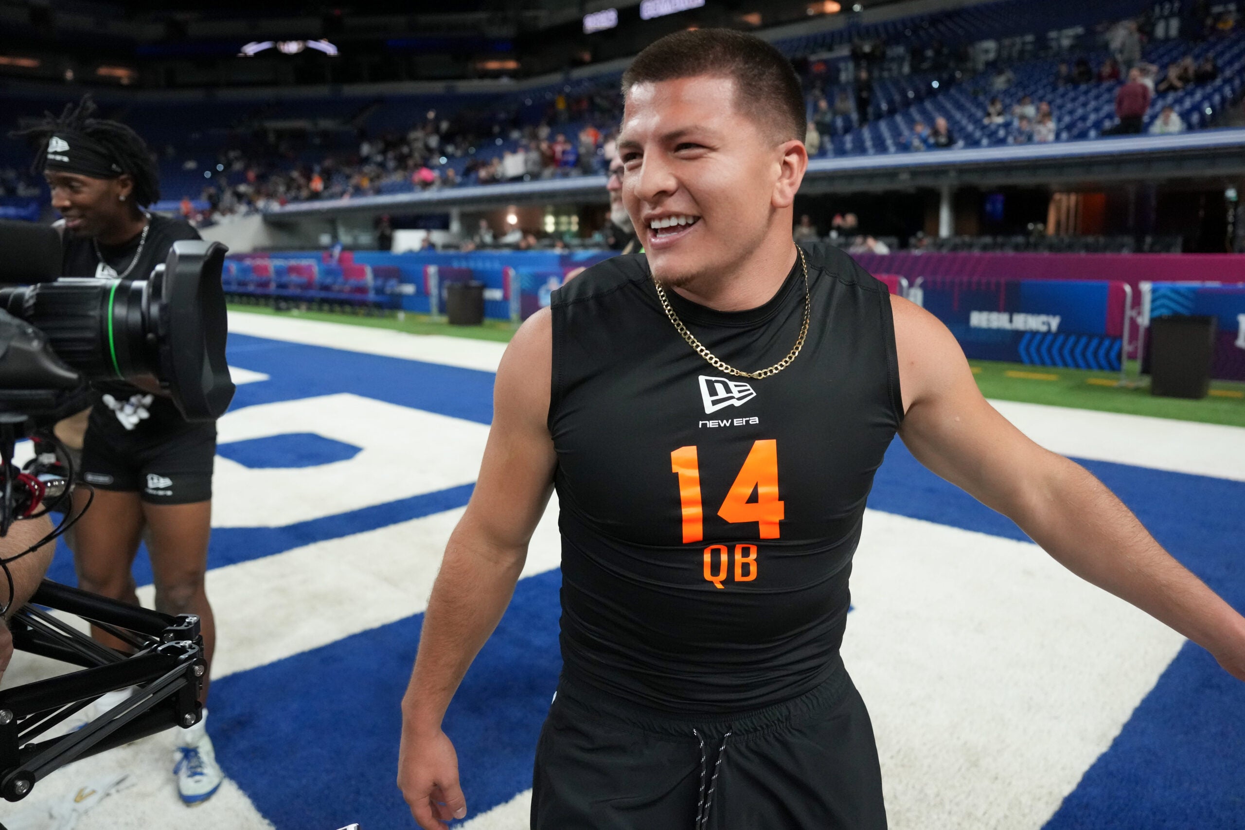 Feb 28, 2026; Indianapolis, IN, USA; Vanderbilt quarterback Diego Pavia (QB14) during the NFL Scouting Combine at Lucas Oil Stadium.