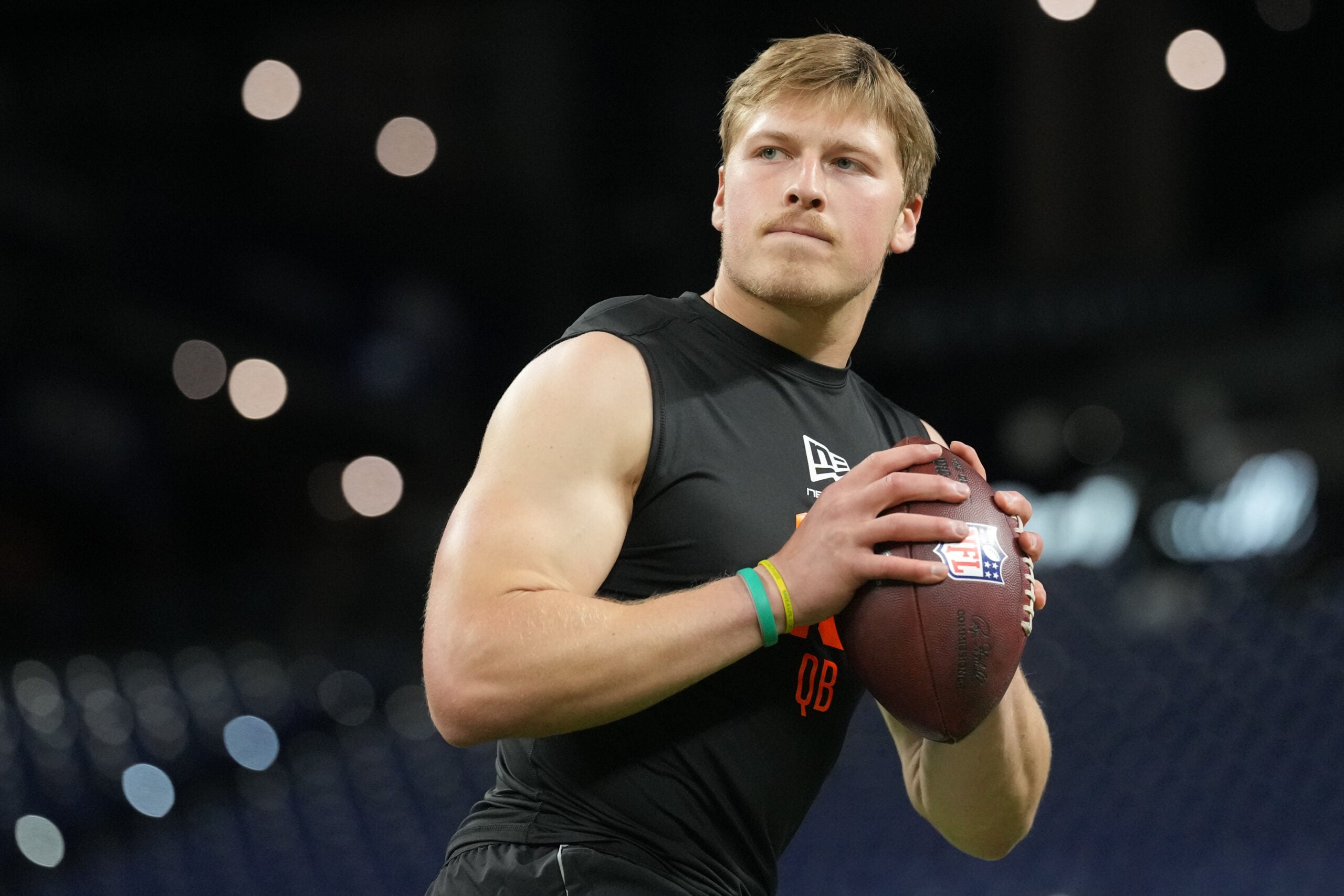 Feb 28, 2026; Indianapolis, IN, USA; North Dakota State quarterback Cole Payton (QB15) during the NFL Scouting Combine at Lucas Oil Stadium.