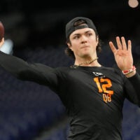 Feb 28, 2026; Indianapolis, IN, USA; Texas Tech quarterback Behren Morton (QB12) during the NFL Scouting Combine at Lucas Oil Stadium.