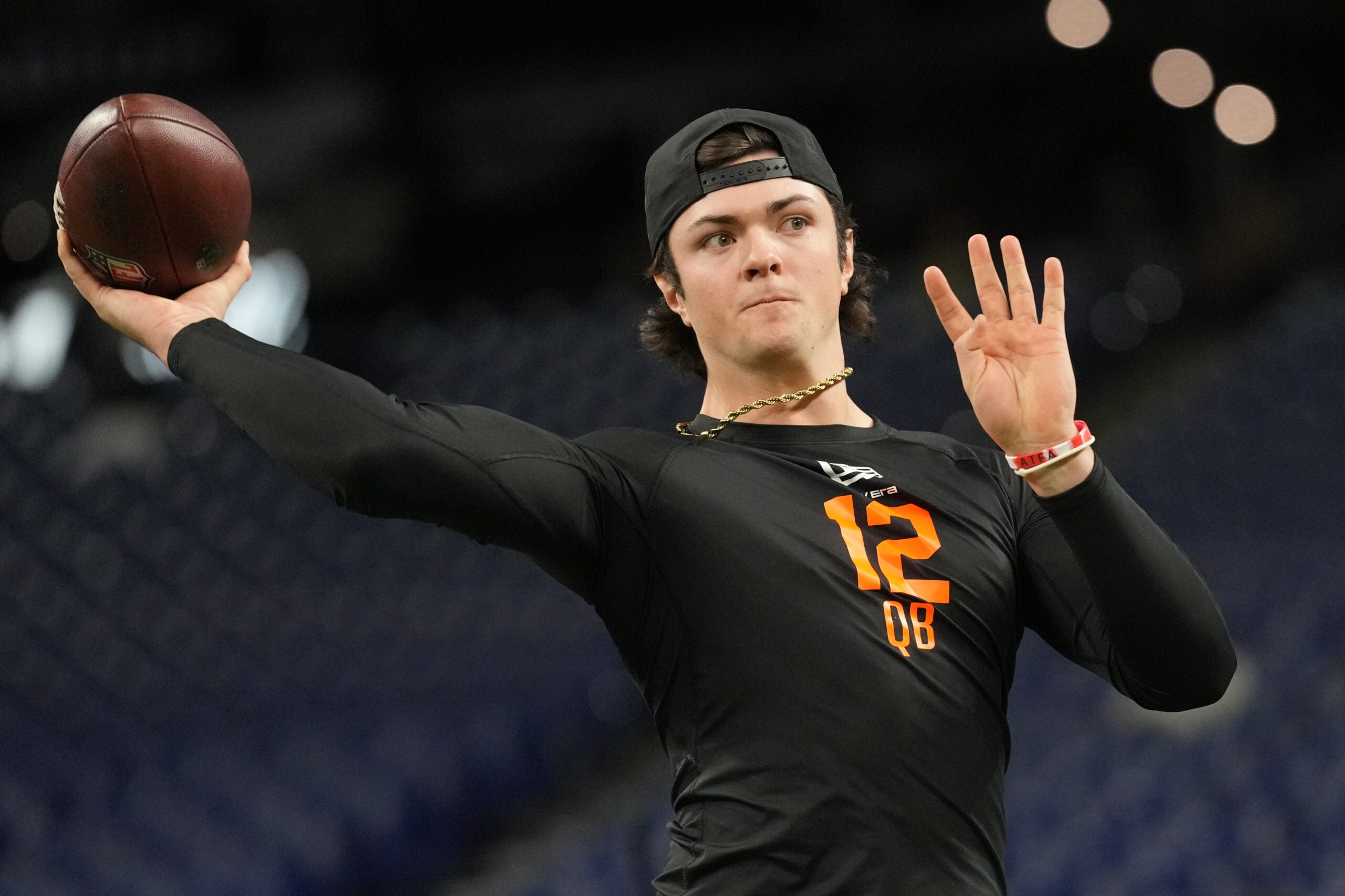 Feb 28, 2026; Indianapolis, IN, USA; Texas Tech quarterback Behren Morton (QB12) during the NFL Scouting Combine at Lucas Oil Stadium.