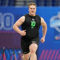 Mar 1, 2026; Indianapolis, IN, USA; Kentucky offensive lineman Jager Burton (OL10) during the NFL Scouting Combine at Lucas Oil Stadium.