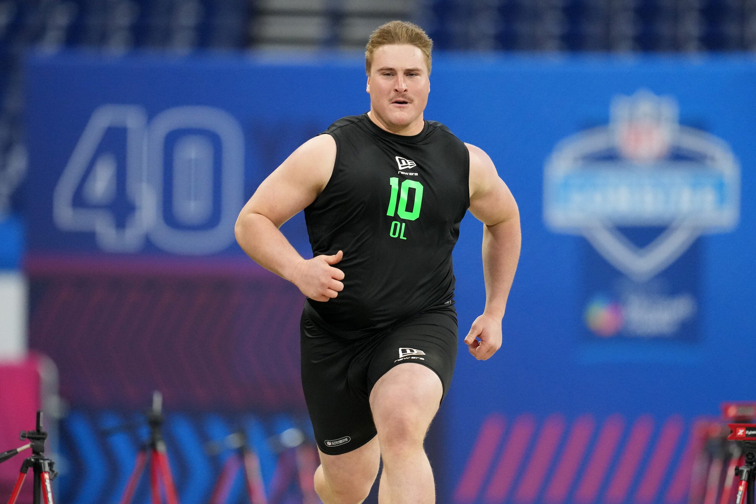 Mar 1, 2026; Indianapolis, IN, USA; Kentucky offensive lineman Jager Burton (OL10) during the NFL Scouting Combine at Lucas Oil Stadium.