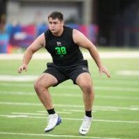 Mar 1, 2026; Indianapolis, IN, USA; Duke offensive lineman Brian Parker (OL38) during the NFL Scouting Combine at Lucas Oil Stadium.