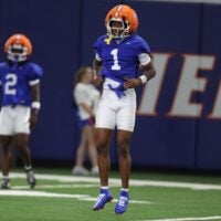 Florida wide receiver Vernell Brown III (1) works out during spring football practice at Heavener Football Center in Gainesville, FL on Thursday, March 5, 2026. Alan Youngblood/Gainesville Sun