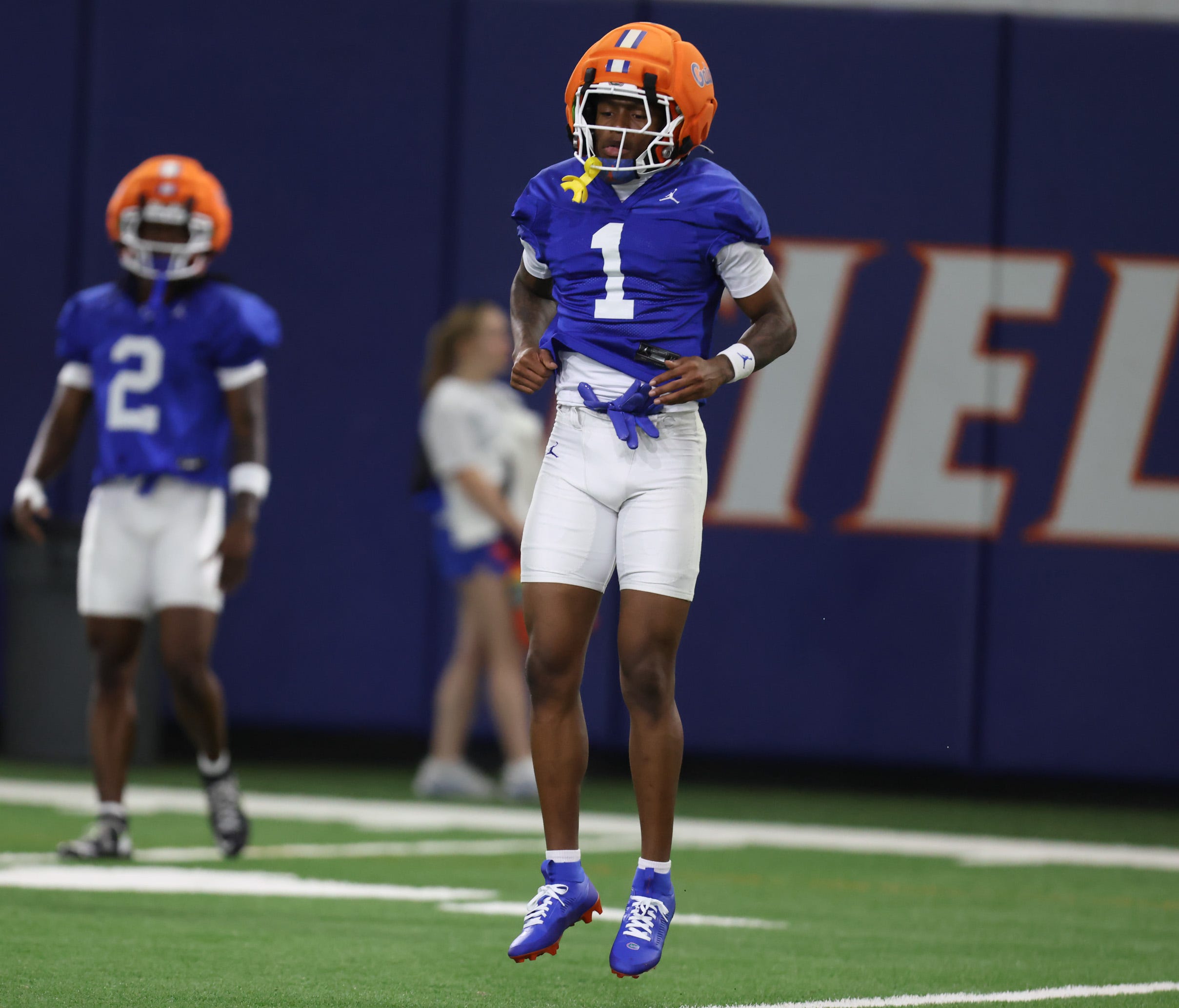 Florida wide receiver Vernell Brown III (1) works out during spring football practice at Heavener Football Center in Gainesville, FL on Thursday, March 5, 2026. Alan Youngblood/Gainesville Sun