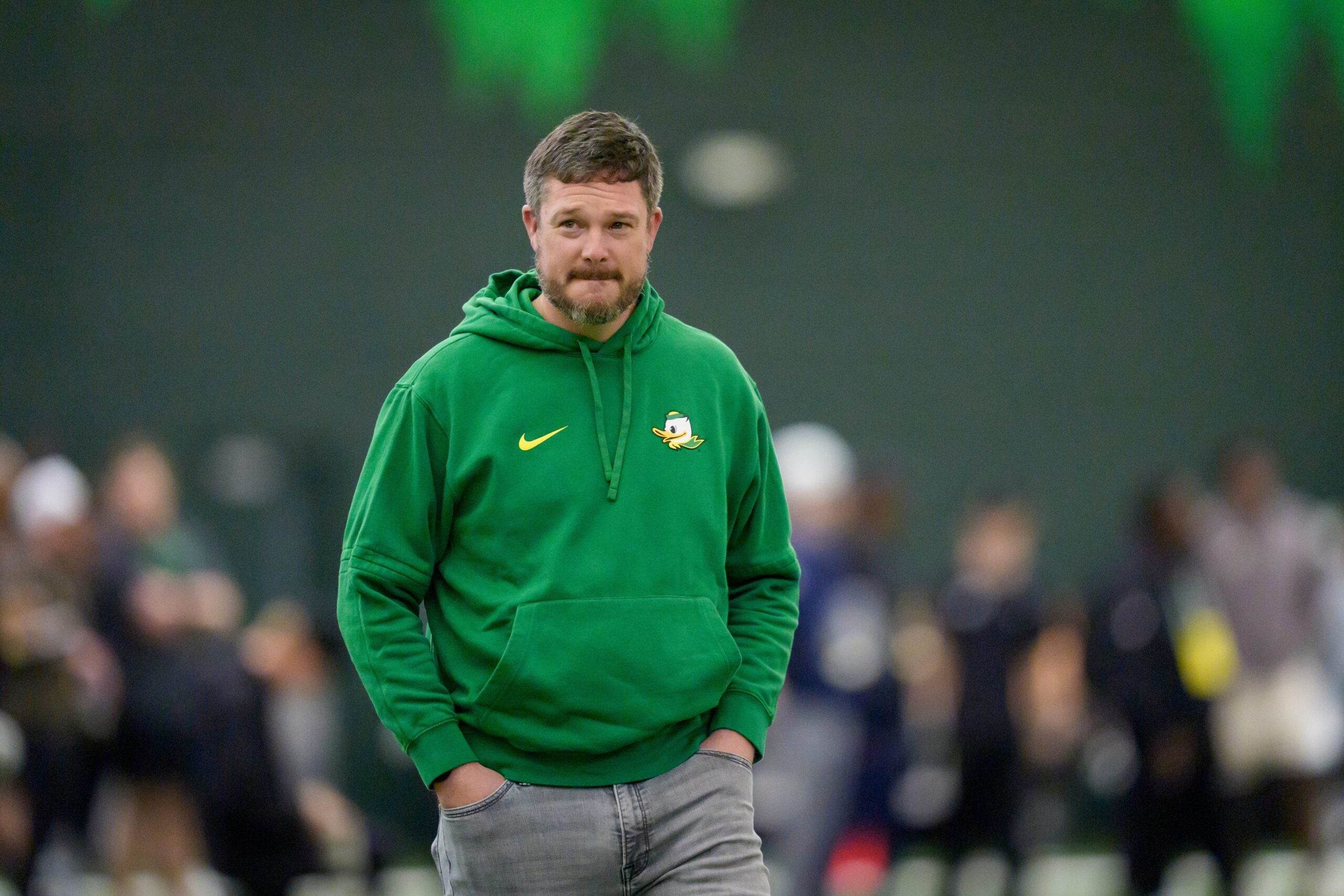 Oregon head coach Dan Lanning attends Oregon Pro Day on March 17, 2026, at the Moshofsky Center in Eugene, Oregon.