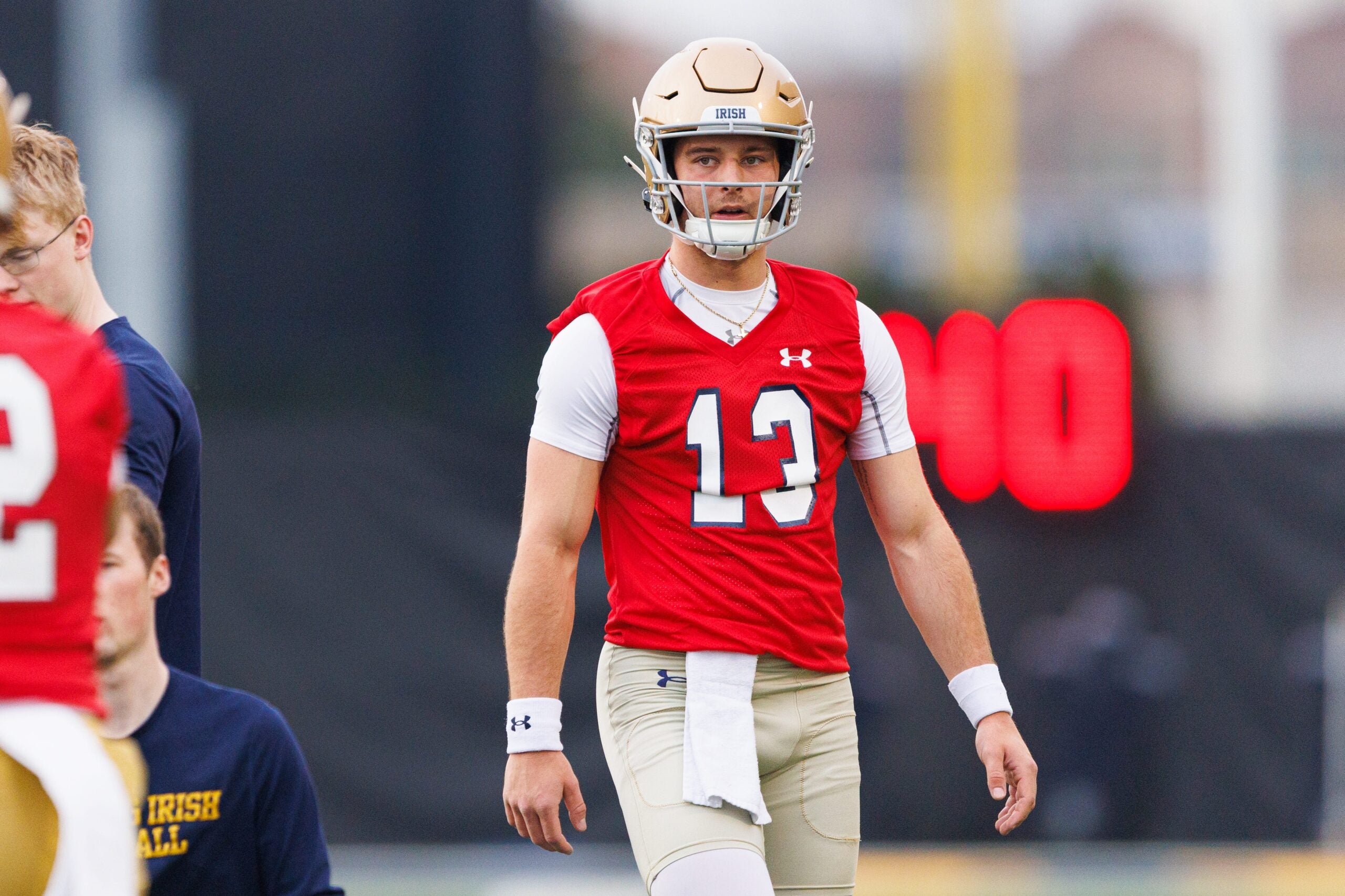 Quarterback CJ Carr during a Notre Dame football practice at Irish Athletic Center on Friday, March 20, 2026, in South Bend.