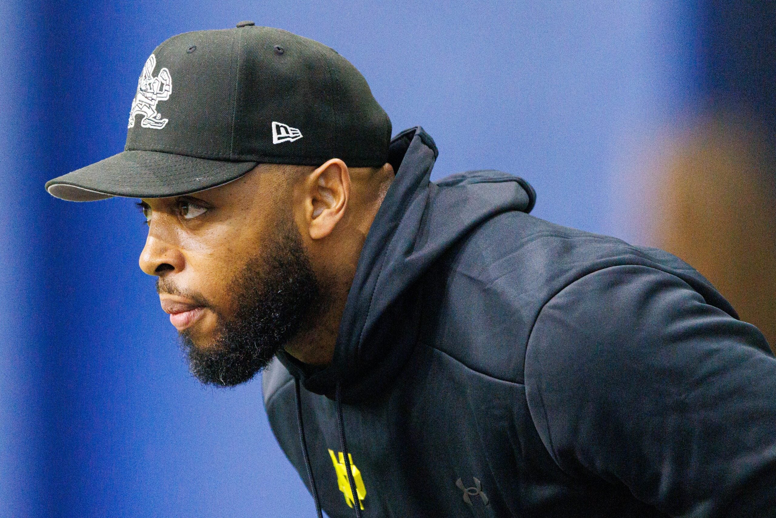 Wide receivers coach Mike Brown during a Notre Dame football practice at Irish Athletic Center on Friday, March 20, 2026, in South Bend.