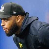 Wide receivers coach Mike Brown during a Notre Dame football practice at Irish Athletic Center on Friday, March 20, 2026, in South Bend.