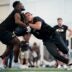 Vanderbilt tight end Emmanuel Adebi, left. and tight end Eli Stowers, right, run drills during football pro day at Vanderbilt University in Nashville, Tenn., Friday, March 20, 2026.