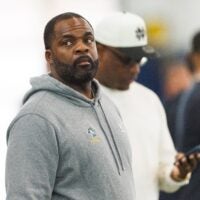 Linebackers coach Brian Jean-Mary during Notre Dame football's Pro Day at Irish Athletic Center on Tuesday, March 24, 2026, in South Bend.
