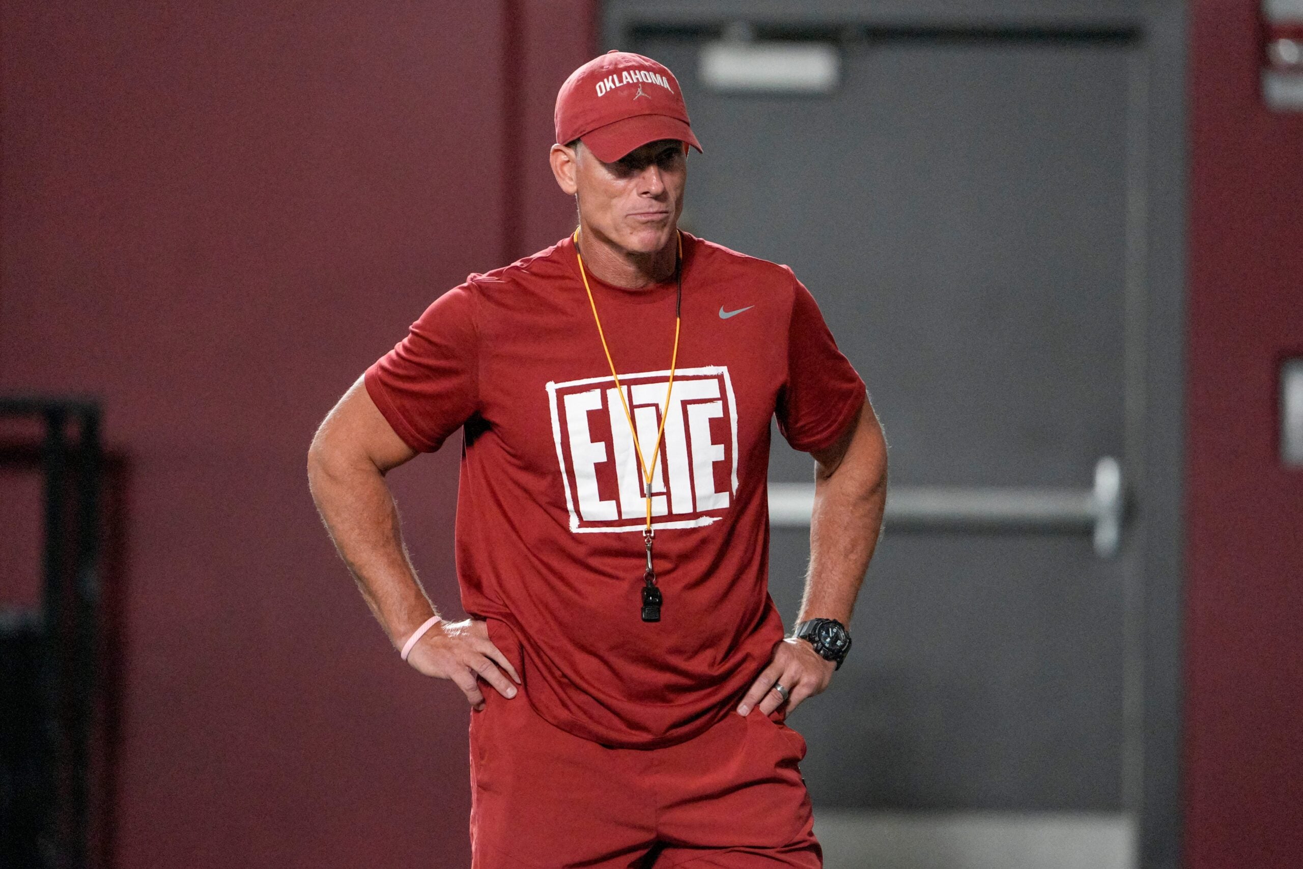 Head coach Brent Venables walks on the field during an Oklahoma (OU) football practice in Norman, Okla., on Wednesday, March 25, 2026.