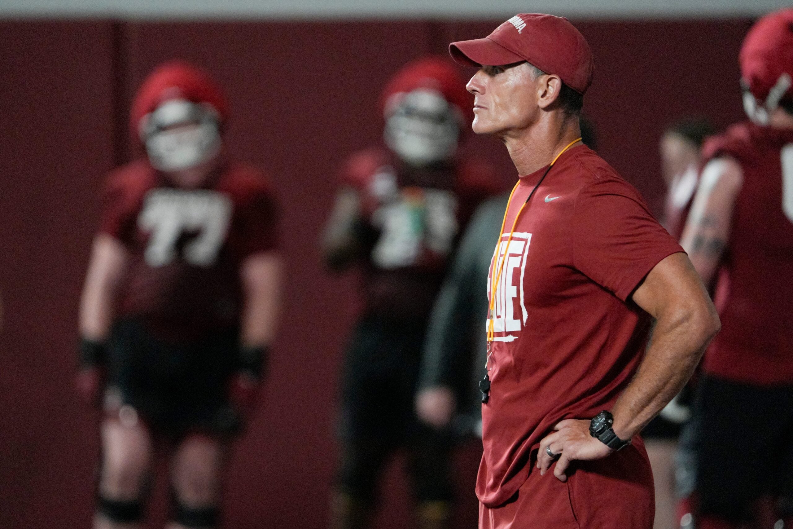 Head coach Brent Venables walks on the field during an Oklahoma (OU) football practice in Norman, Okla., on Wednesday, March 25, 2026.