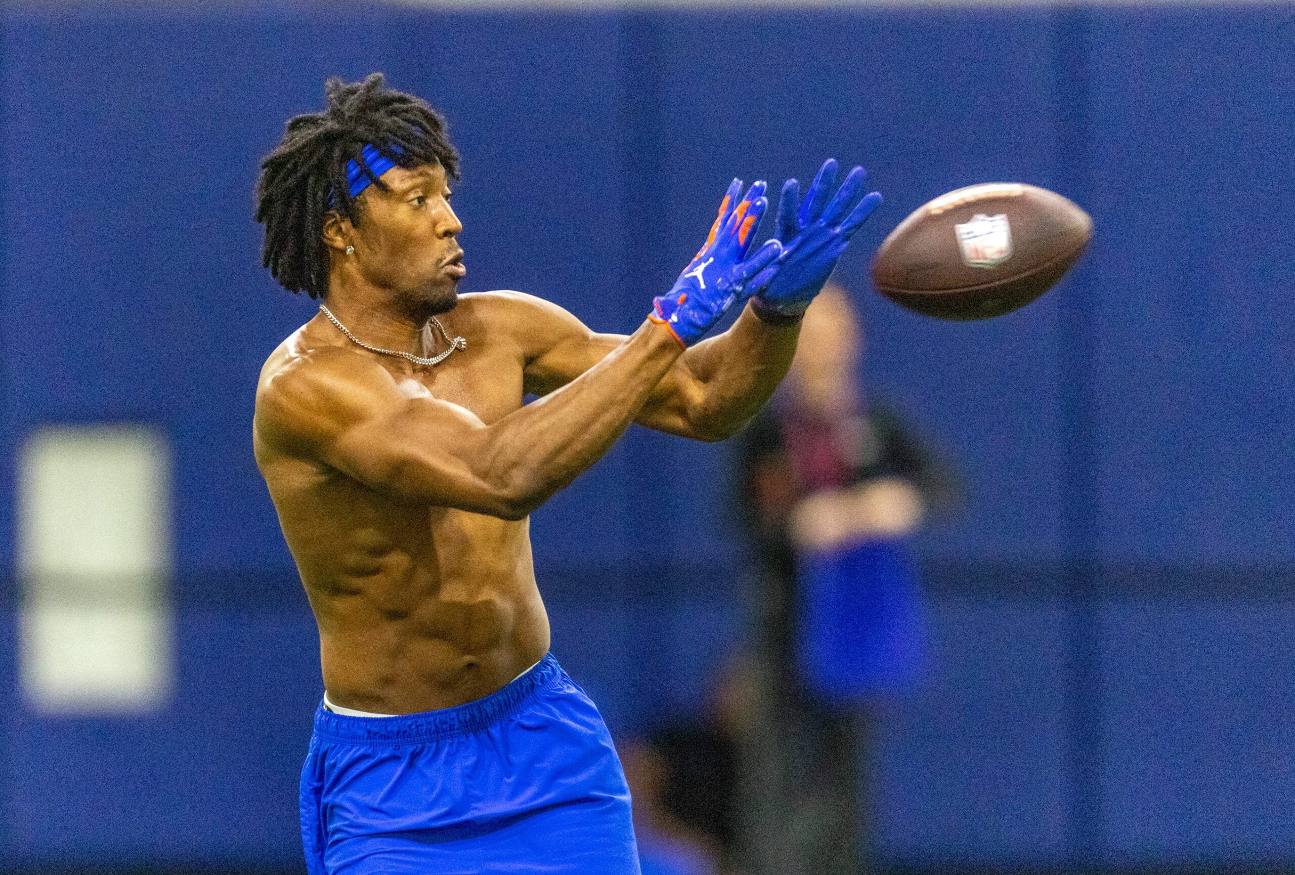 Florida J. Michael Sturdivant (9) hauls in a pass during Pro Day at Sanders Practice Fields in Gainesville, FL on Thursday, March 26, 2026.