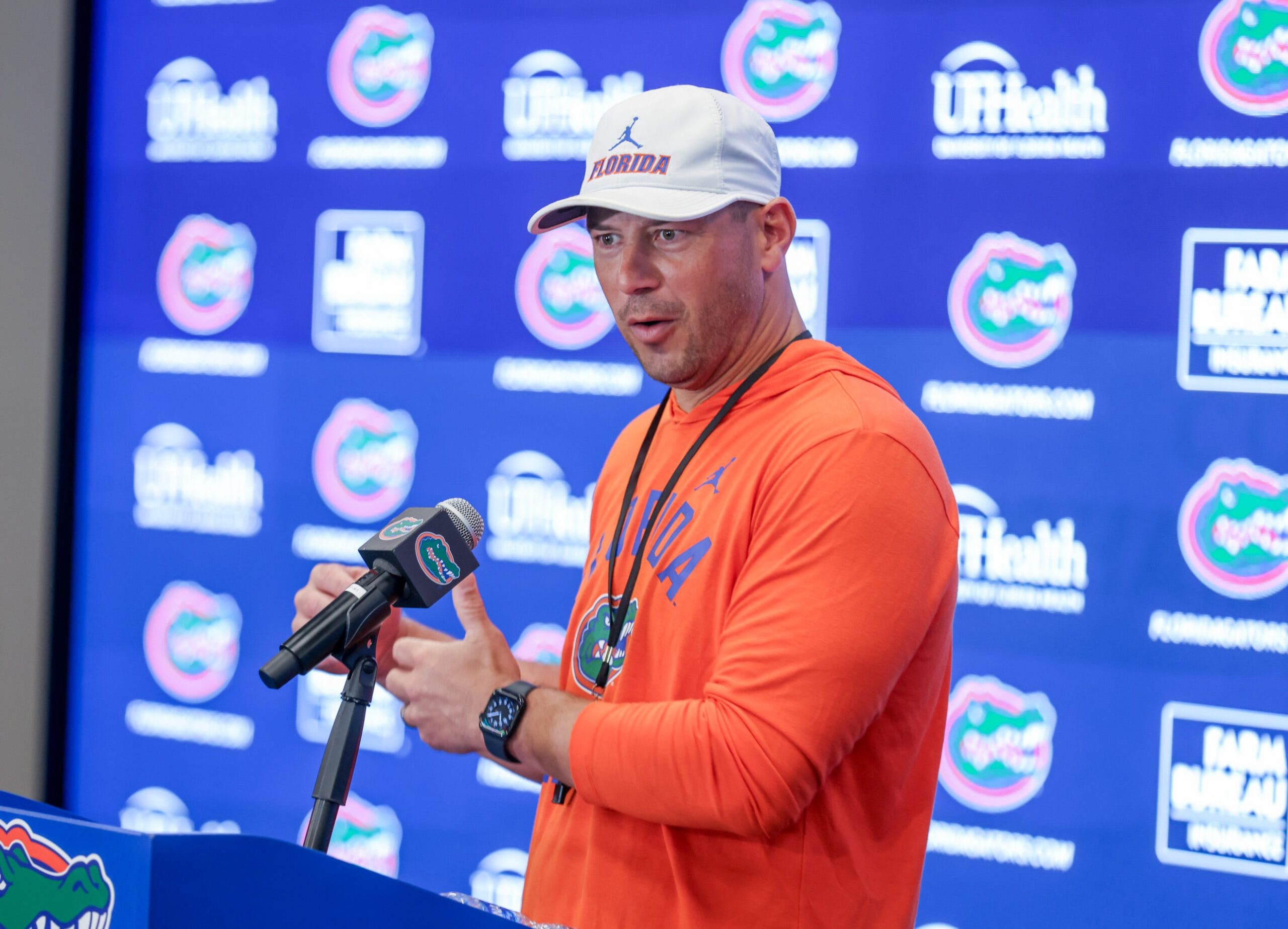 Florida head coach Jon Sumrall speaks after spring practice at Sanders Practice Fields in Gainesville, FL on Tuesday, March 31, 2026.