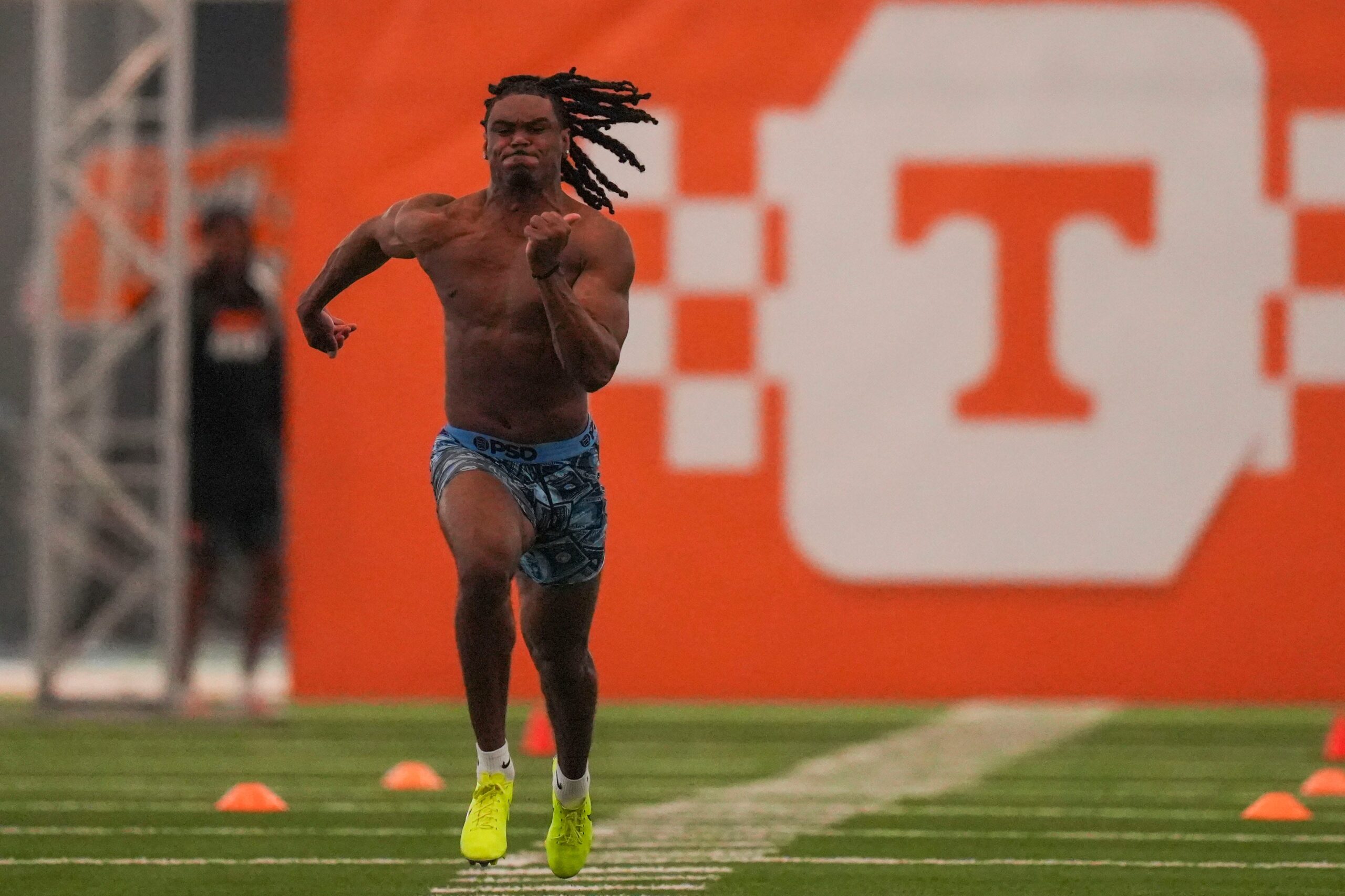 Jermod McCoy runs during Tennessee Football Pro Day 2026, at University of Tennessee on March 31, 2026.