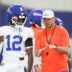 Florida head coach Jon Sumrall talks with Florida cornerback Ben Hanks II (12) during practice during spring practice at Sanders Practice Fields in Gainesville, FL on Thursday, April 2, 2026.