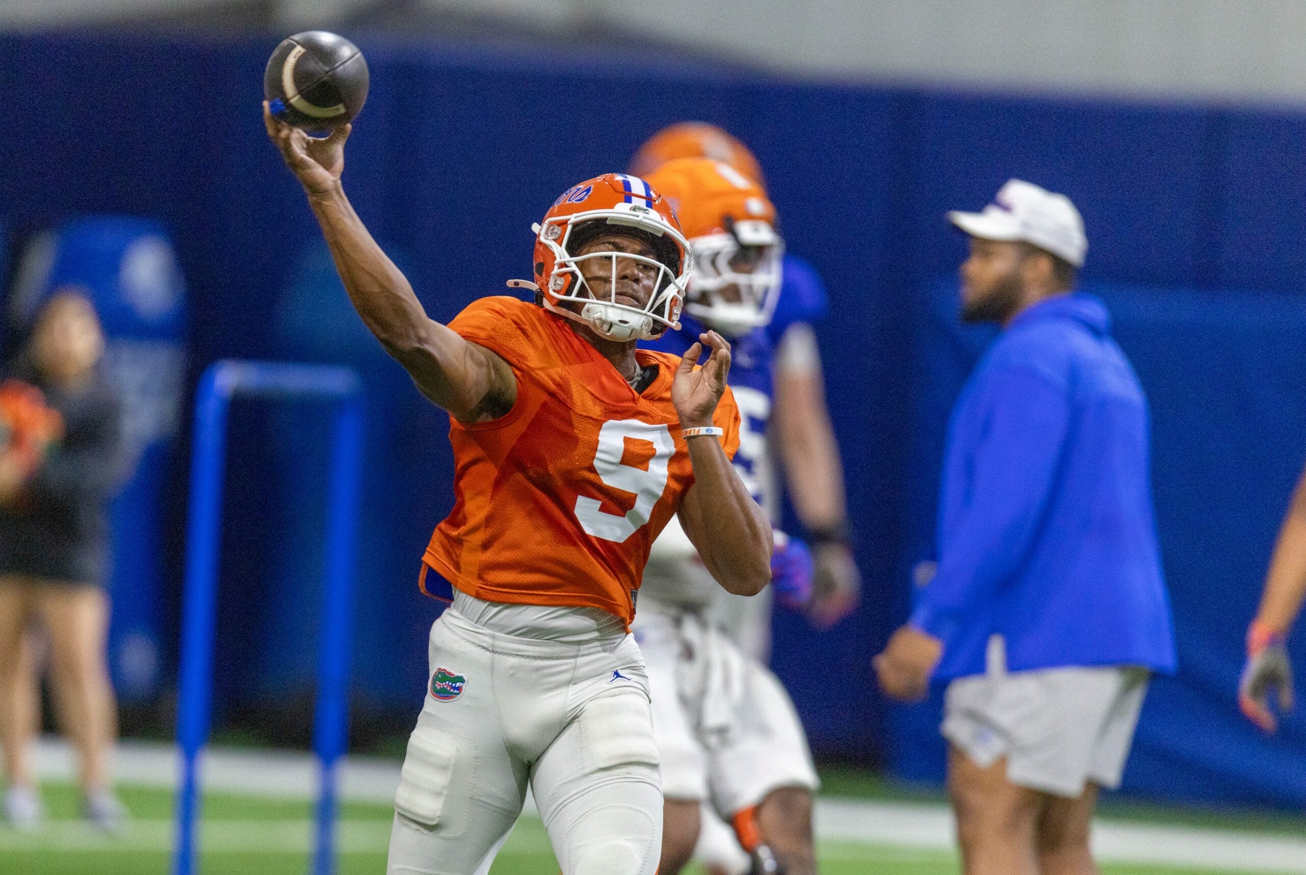 Florida quarterback Tramell Jones Jr. (9) passes during spring practice at Sanders Practice Fields in Gainesville, FL on Tuesday, April 7, 2026.