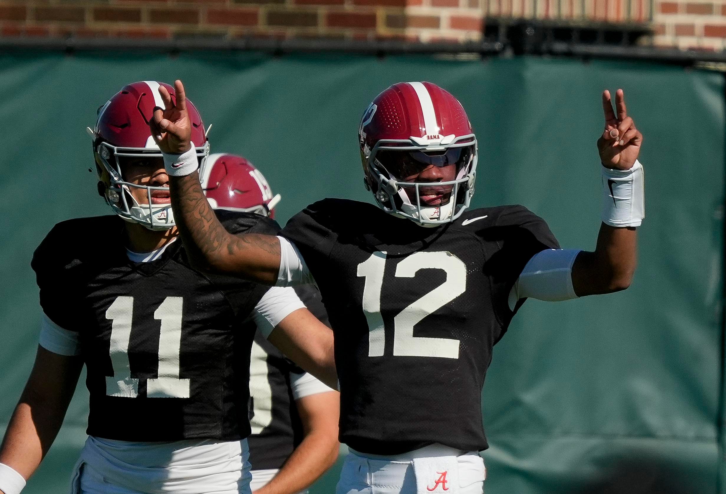 April 7, 2026; Tuscaloosa, AL, USA; Quarterback Keelon Russell signals to receivers during Spring Practice at the University of Alabama.