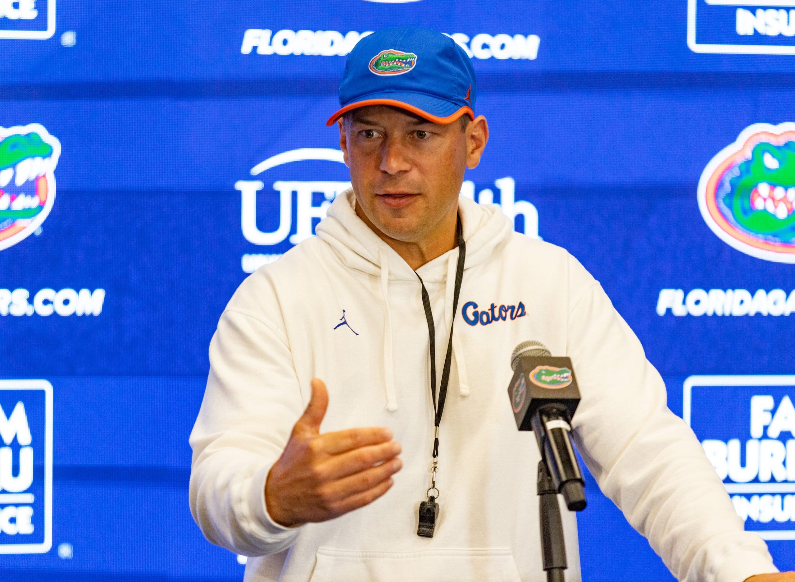 Florida head coach Jon Sumrall speaks after spring practice at Sanders Practice Fields in Gainesville, FL on Tuesday, April 7, 2026.