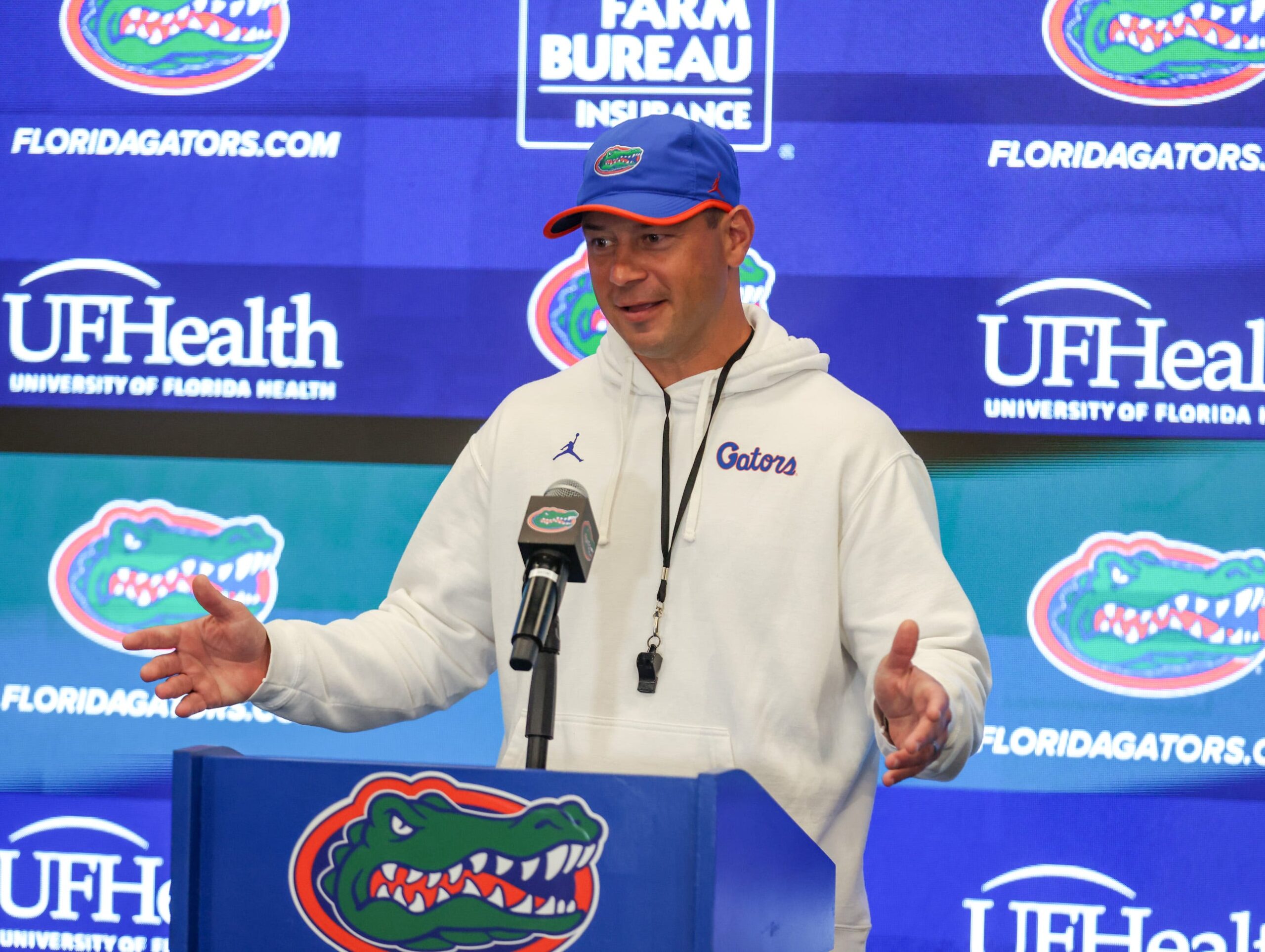 Florida head coach Jon Sumrall speaks after spring practice at Sanders Practice Fields in Gainesville, FL on Tuesday, April 7, 2026.